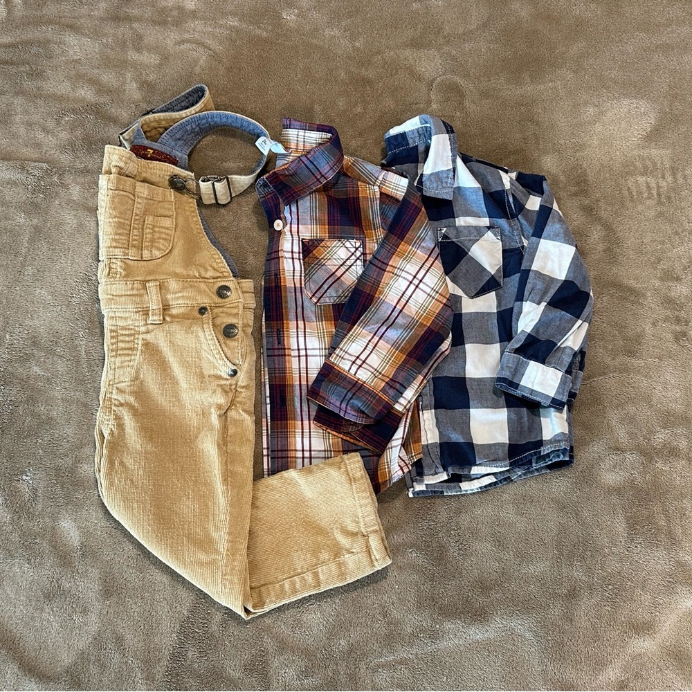 24m overalls and 2 button up long sleeve shirts